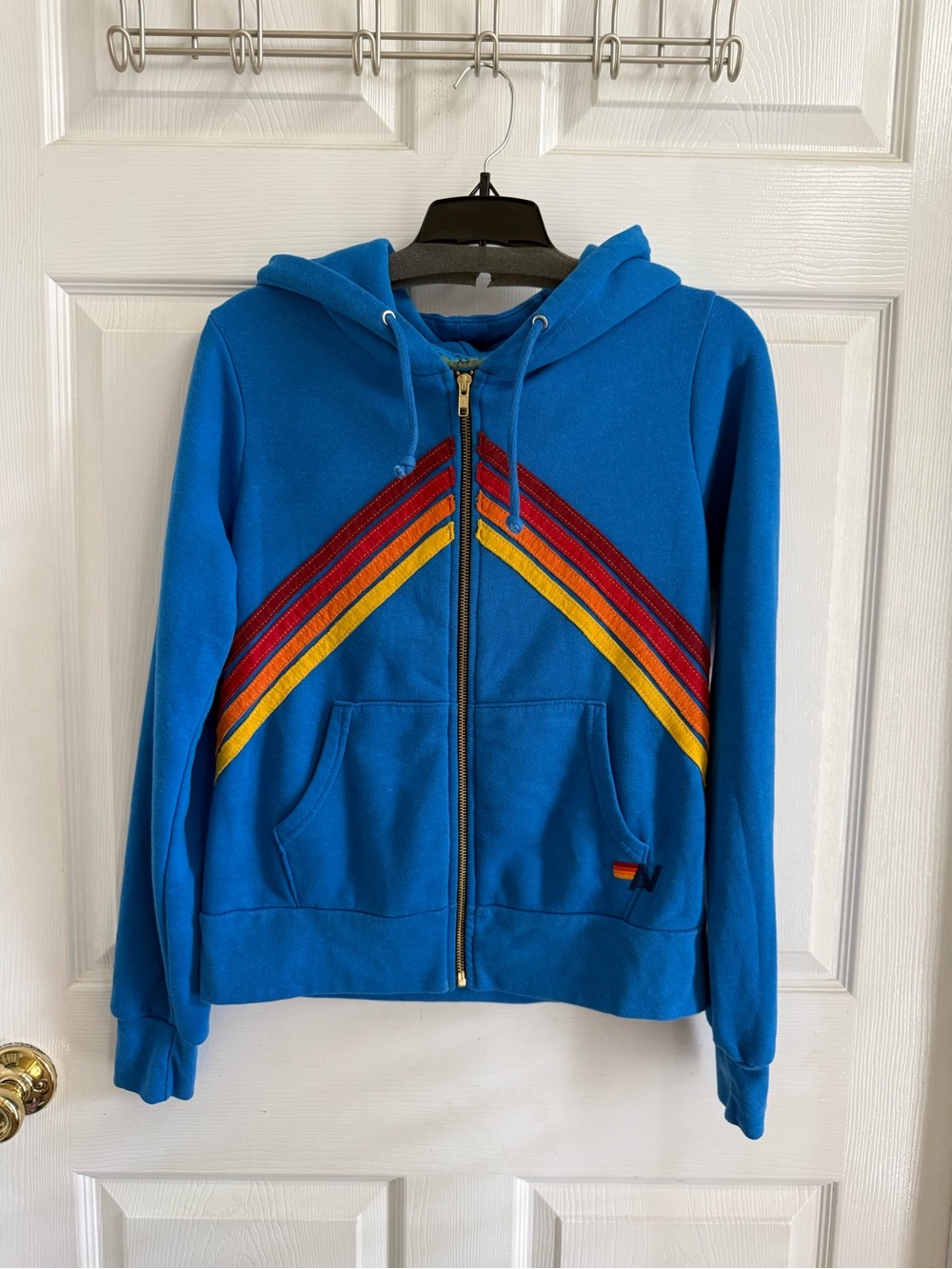 Aviator Nation Royal Blue Zip Hoodie with Red and Yellow Chevron